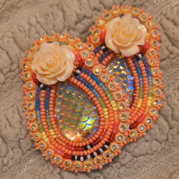 Hand Beaded Earrings with Floral Accent - Picture 5 of 5